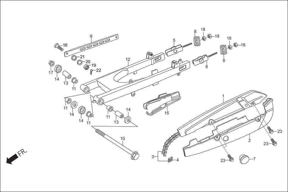F-19 SWINGARM / CHAIN CASE diagram showing 40546-KTN-700