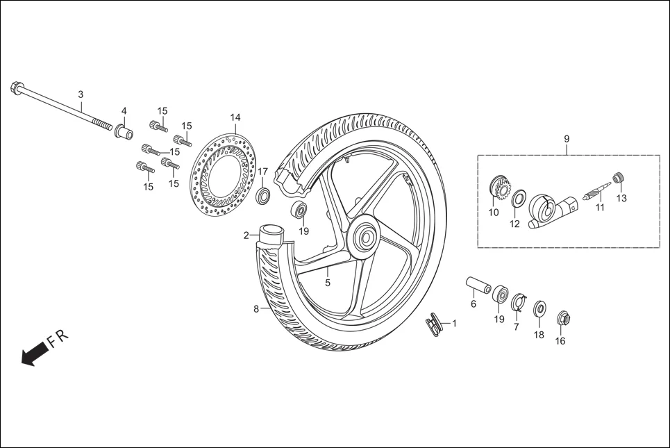 F-9 FRONT WHEEL diagram showing 45251-KVE-901