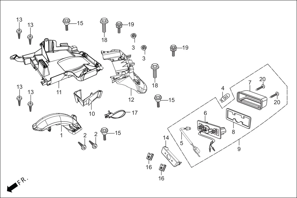 F-14 REAR FENDER diagram showing 90672-KPL-901