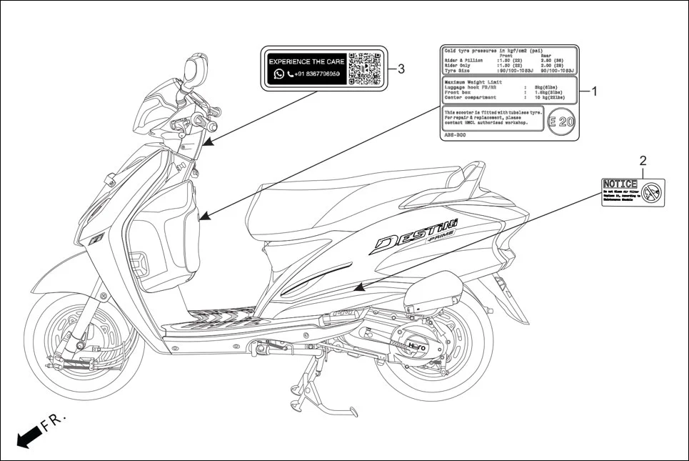 F-25 CAUTION LABEL assembly diagram for Hero Destini BSVI Prime(Jun,2023)