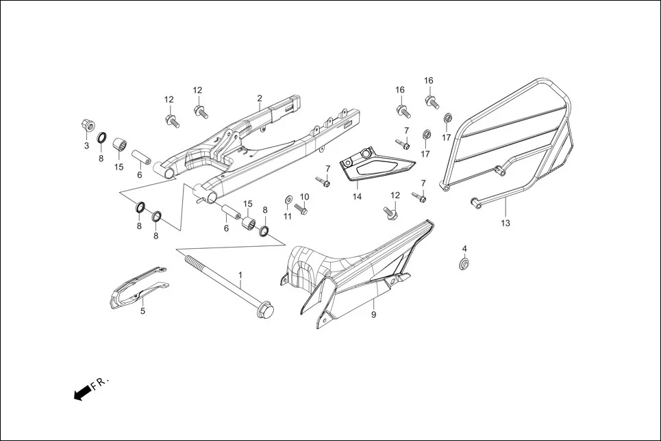 F-18A SWINGARM / GUARD SAREE / CHAIN CASE assembly diagram for Hero Xpulse 200 (May,2019)