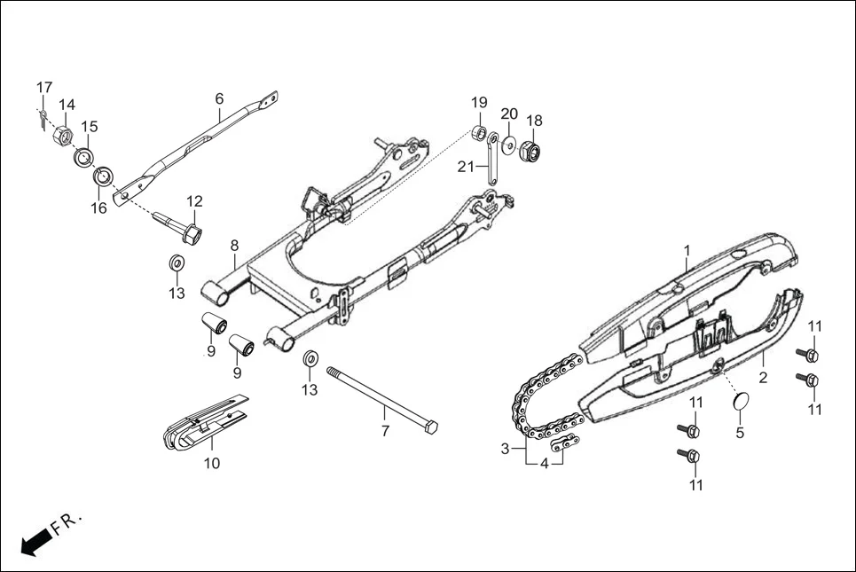 F-19 REAR FORK/CHAIN CASE/SWINGARM assembly diagram for Hero GLAMOUR TECHNO(JAN.2024)
