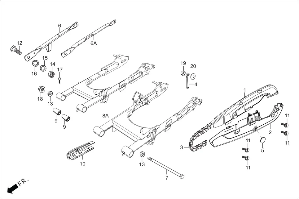 F-19-DISC REAR FORK/CHAIN CASE/SWINGARM assembly diagram for Hero Glamour Canvas(Oct, 2022)