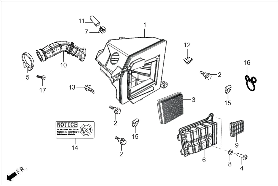 F-15 AIR CLEANER assembly diagram for Hero GLAMOUR MAGNETIC OBD II(Apr., 2025)