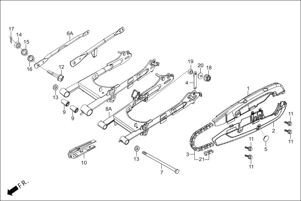 F-19-DISC REAR FORK/CHAIN CASE/SWINGARM assembly diagram for Hero Glamour BSVI Techno OBD II(Jan,2023)