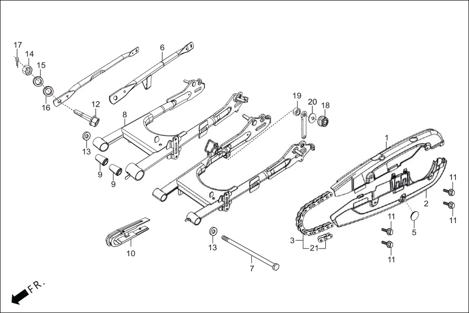 F-19-DRUM REAR FORK/CHAIN CASE/SWINGARM assembly diagram for Hero Glamour BSVI Techno OBD II(Jan,2023)