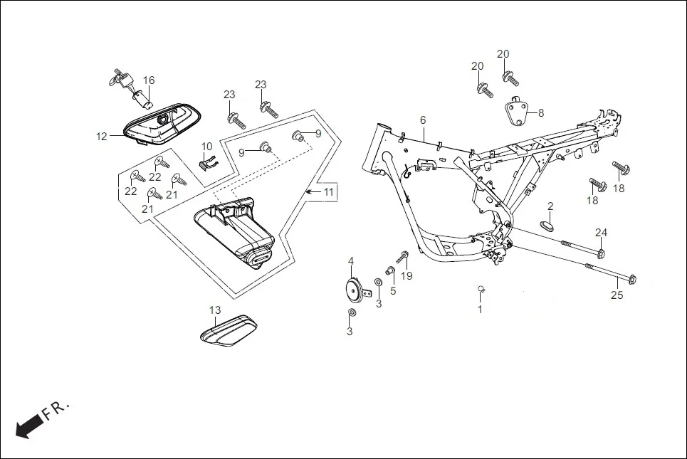 F-25-KICK FRAME BODY/UTILITY BOX assembly diagram for Hero HF Deluxe iBS (Dec,2018)