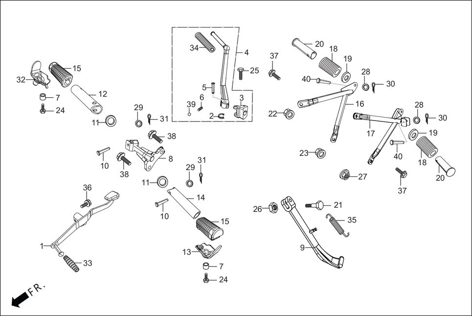 F-17 STEP ASSY./KICK STARTER/ GEAR CHANGE PEDAL/SIDE STAND/PILLION STEP. assembly diagram for Hero HF Deluxe(Jan,2023)