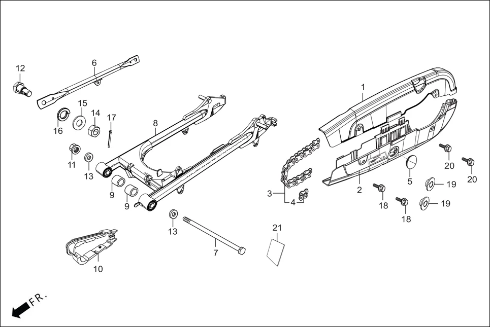 F-19 REAR FORK/CHAIN CASE assembly diagram for Hero HF Deluxe(Jan,2023)