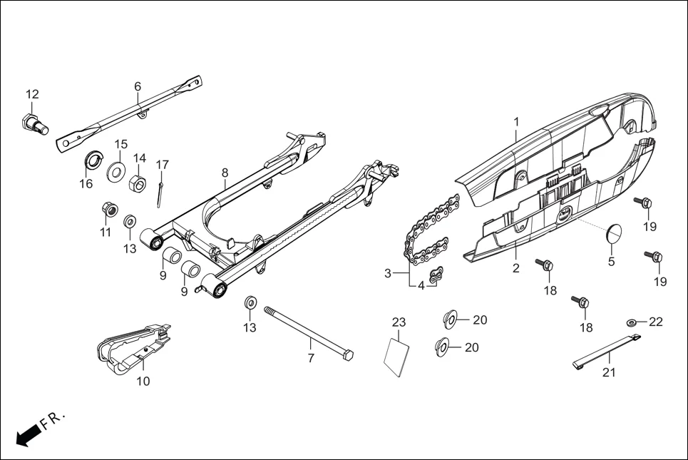 F-19 REAR FORK/CHAIN CASE assembly diagram for Hero HF-Deluxe(March,2023)