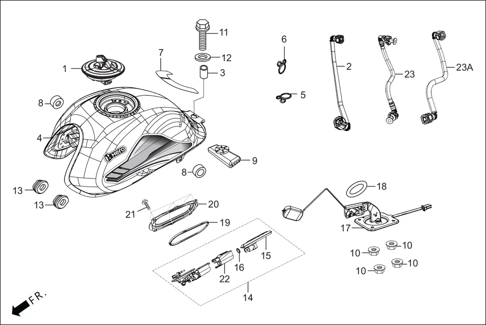 F-13 FUEL TANK assembly diagram for Hero HF Deluxe(Nov,2022)