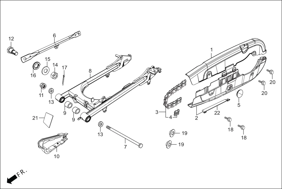 F-19 REAR FORK/CHAIN CASE assembly diagram for Hero HF Deluxe(Nov,2022)