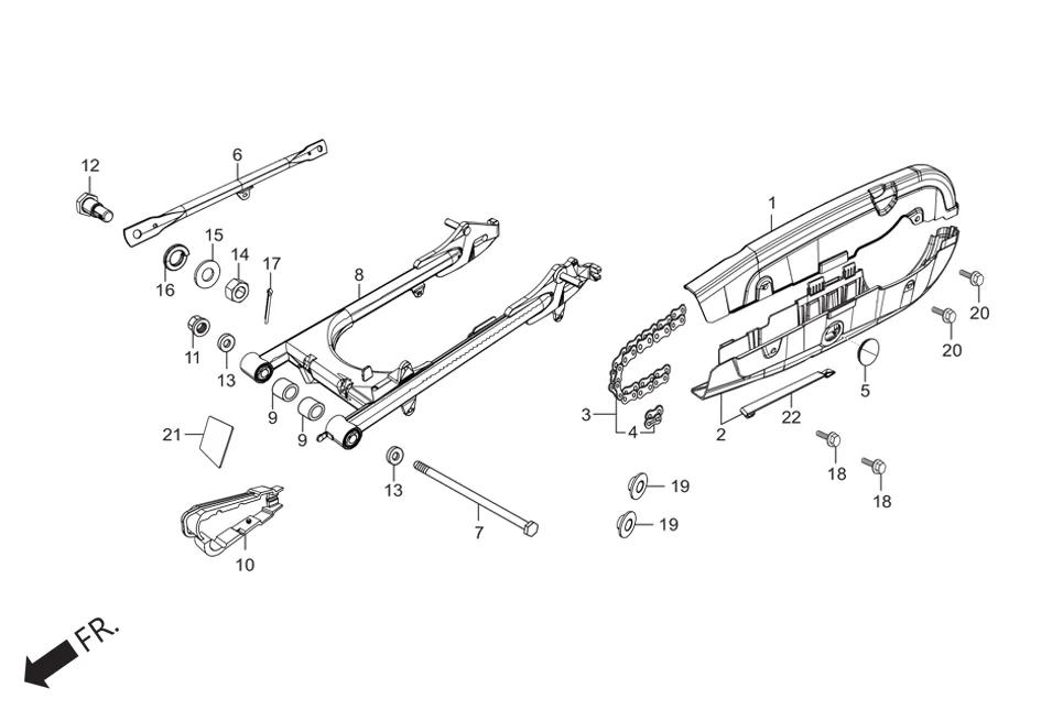 F-19 REAR FORK/CHAIN CASE assembly diagram for Hero HF DELUXE BLACK (HMCM) OBD2_PHB(July,2025)