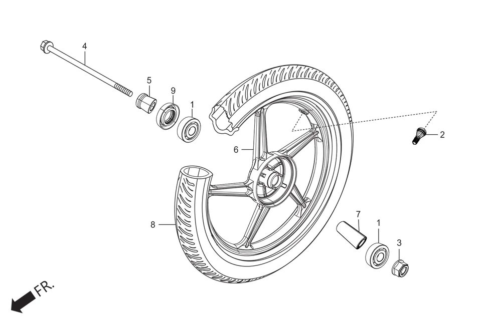 F-9 FRONT WHEEL assembly diagram for Hero HF DELUXE BLACK (HMCM) OBD2_PHB(July,2025)