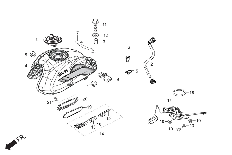 F-13-I FUEL TANK assembly diagram for Hero HF DELUXE (JUNE,2025)