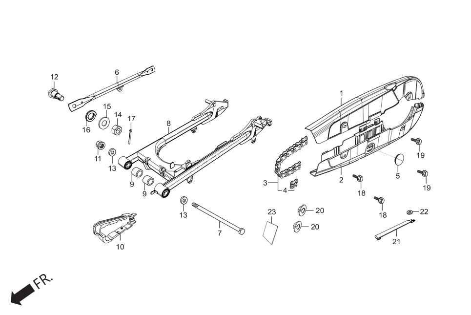 F-19 REAR FORK/CHAIN CASE assembly diagram for Hero HF DELUXE (JUNE,2025)