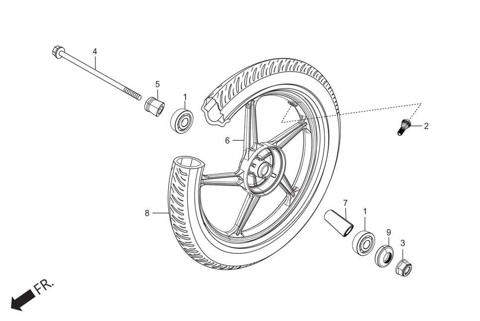F-9A-SELF FRONT WHEEL assembly diagram for Hero HF DELUXE (JUNE,2025)