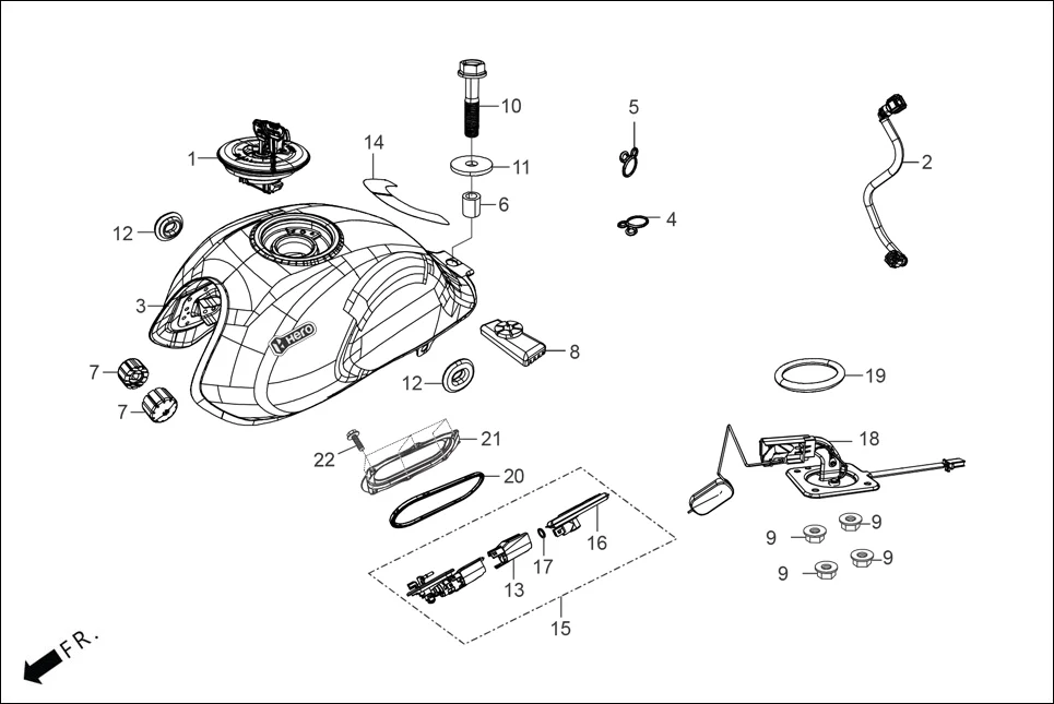 F-13 FUEL TANK assembly diagram for Hero HF DELUXE BLACK_BF THB(Sept.,2024)