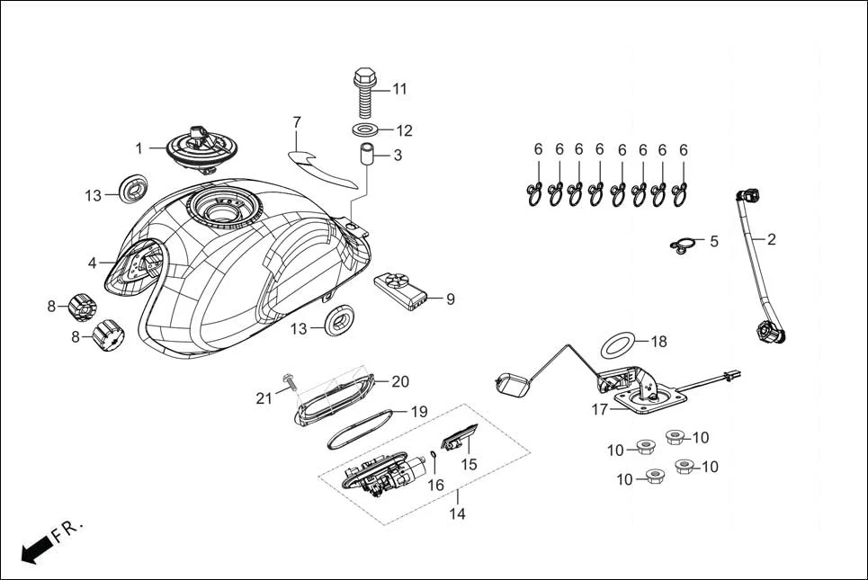 F-13 FUEL TANK assembly diagram for Hero HF DELUXE OBD2B(Apr., 2025)