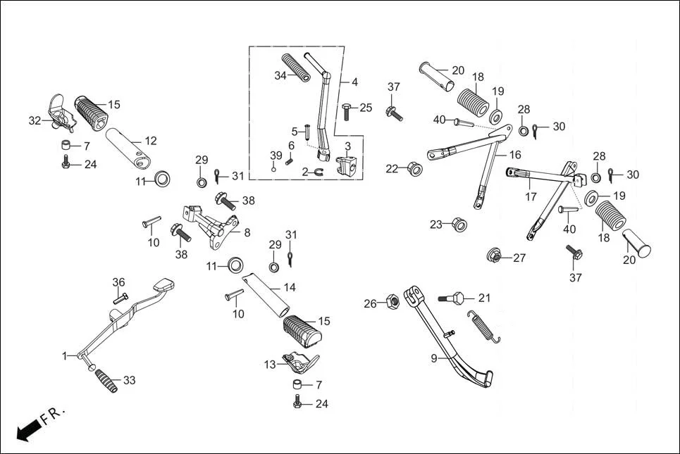 F-17 STEP ASSY./KICK STARTER/GEAR CHANGE PEDAL/SIDE STAND/PILLION STEP. assembly diagram for Hero HF DELUXE OBD2B(Apr., 2025)