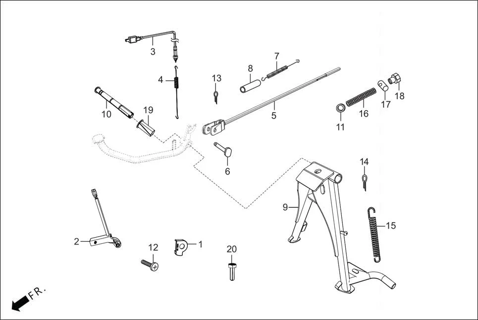 F-18 MAIN STAND/PEDAL BRAKE assembly diagram for Hero HF DELUXE OBD2B(Apr., 2025)