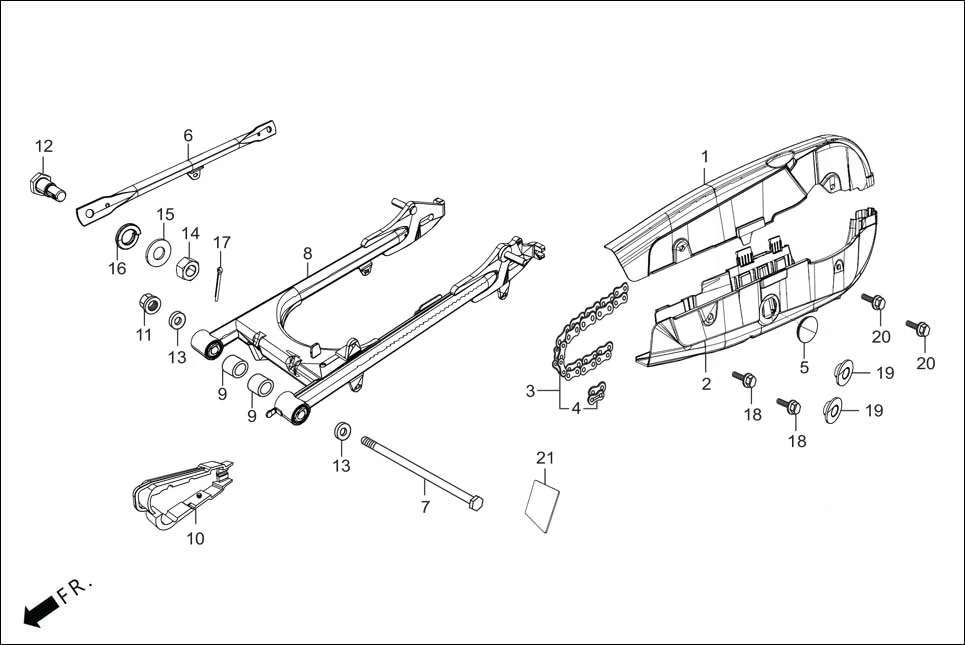 F-19 REAR FORK/CHAIN CASE assembly diagram for Hero HF DELUXE OBD2B(Apr., 2025)