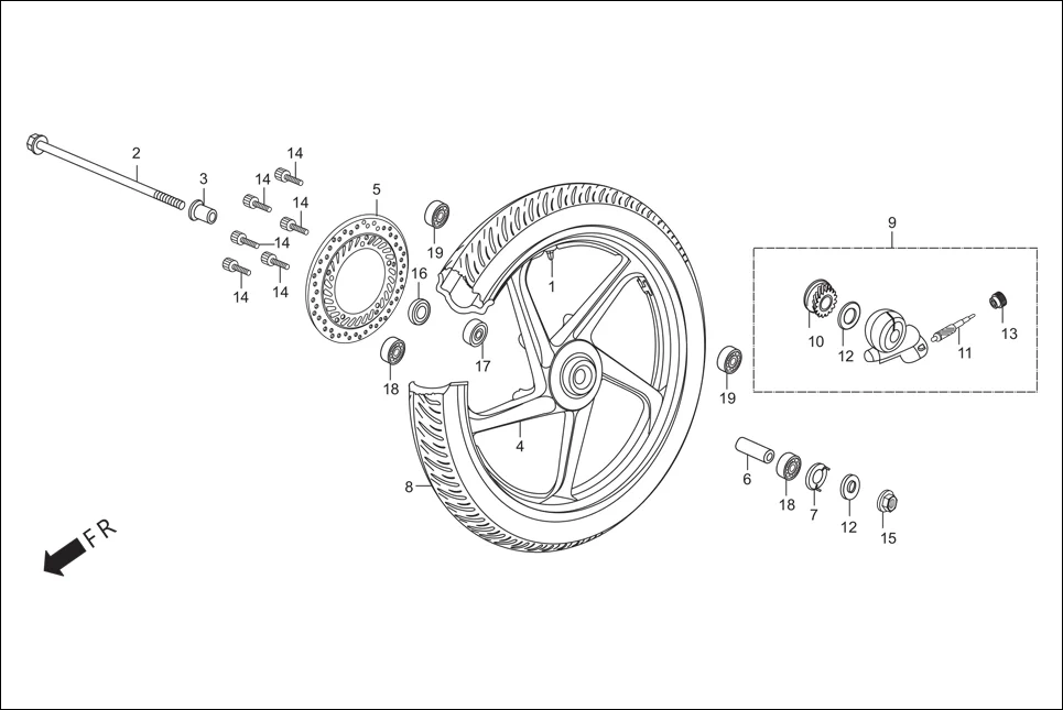 F-9-DISC FRONT WHEEL diagram showing 42753-KWF-90099