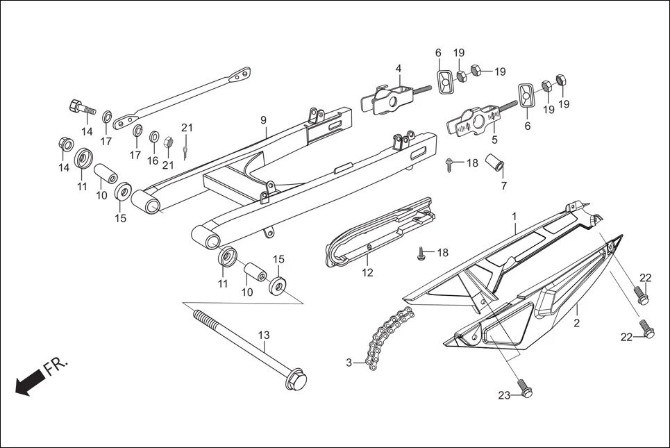 F-19 SWINGARM / CHAIN CASE diagram showing 40510-AAR-000
