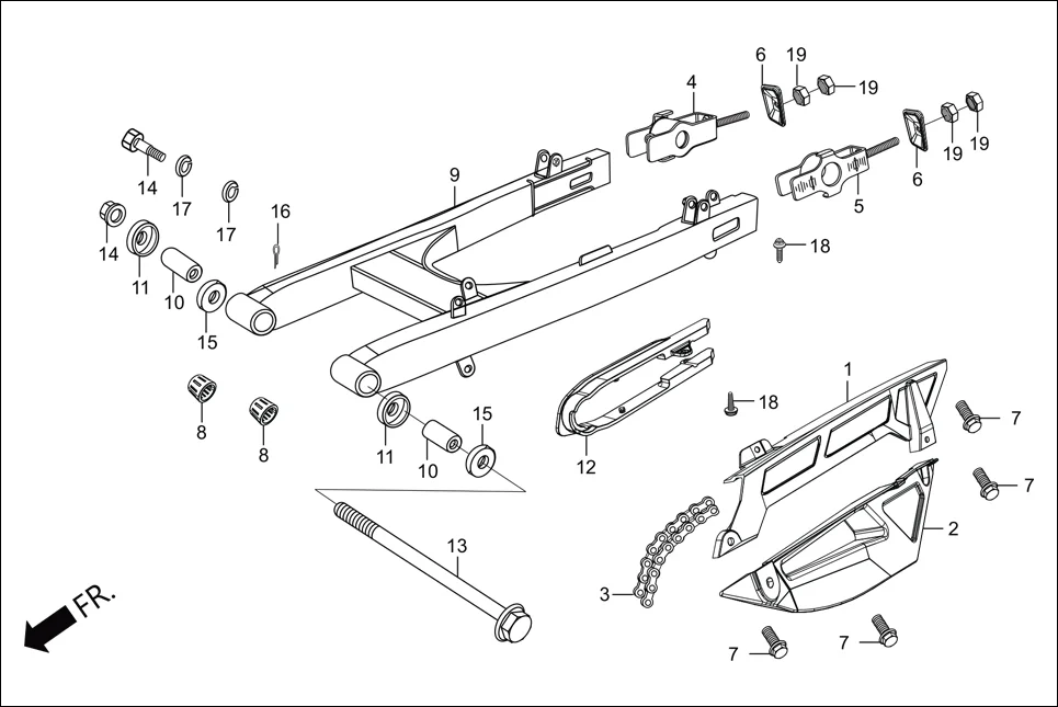 F-19 SWINGARM/CHAIN CASE diagram showing 52144-GC4-005