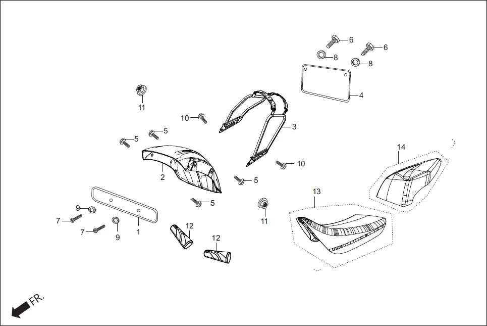 F-28A FR./RR. NUMBER PLATE /REAR INNER FENDER /GRIP COVER / COVER SEAT(OPTIONAL) diagram showing 94101-06000