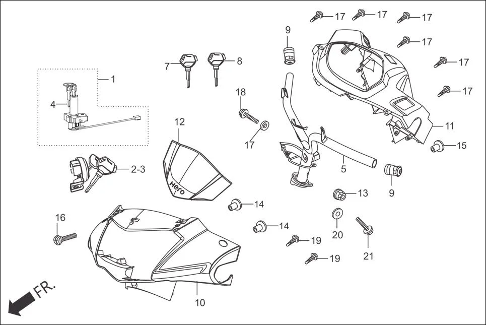 F-4-STD STEERING HANDLE / HANDLE COVER / KEY SET assembly diagram for Hero Maestro (Oct, 2014)