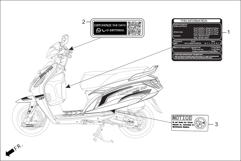 F-25 CAUTION LABEL assembly diagram for Hero MAESTRO EDGE 125CC(March,2023)