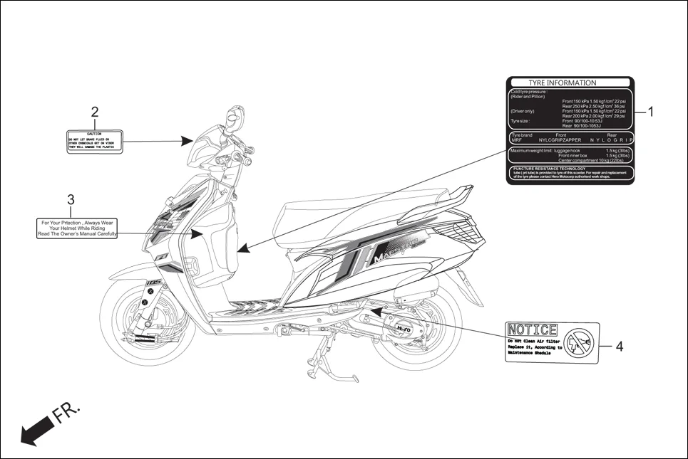 F-25 CAUTION LABEL assembly diagram for Hero Maestro EDGE BSVI(Dec, 2021)