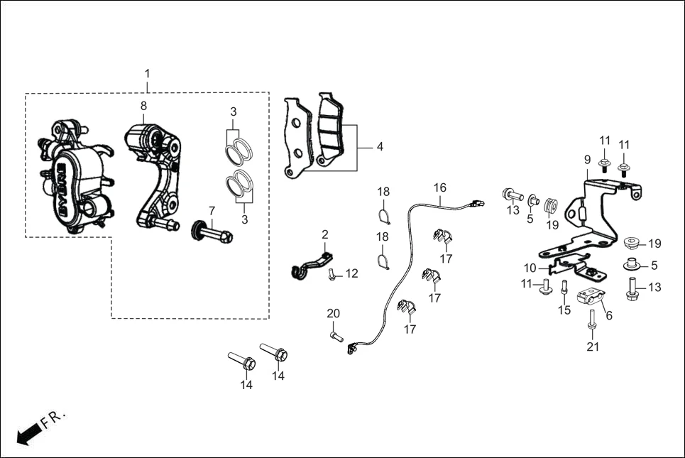 F-4A FRONT BRAKE (CALIPER ASSY ‘R’ FR.) assembly diagram for Hero THUMBSUP THUNDERWHEEL(Apr.,2025)