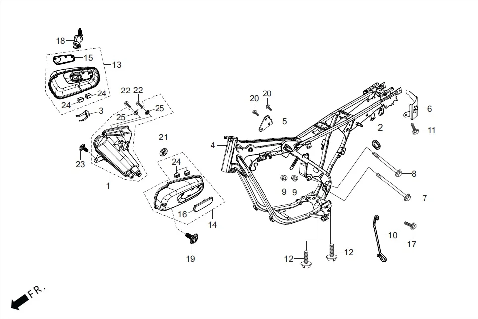 F-25-HMCMM FRAME BODY/UTILITY BOX assembly diagram for Hero Passion-HZ(May,2023)