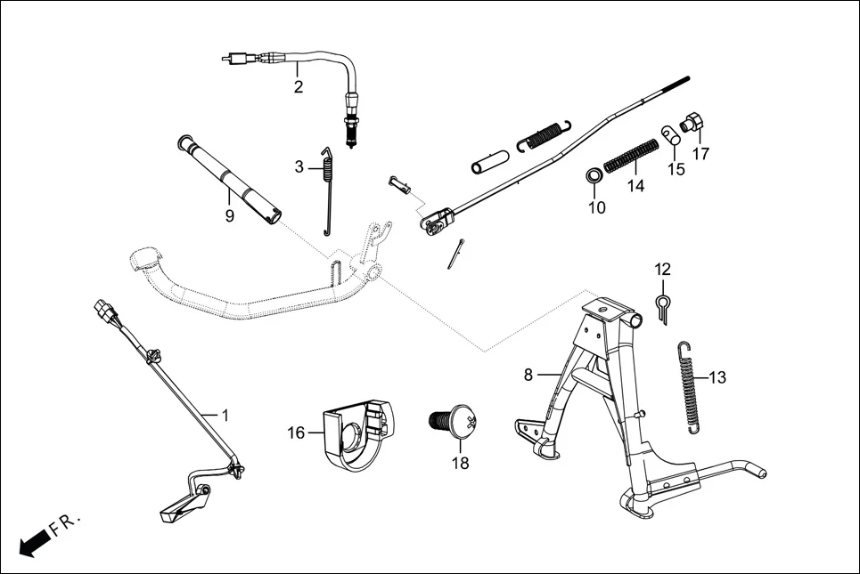 F-18-WO-T MAIN STAND/PEDAL BRAKE assembly diagram for Hero Passion Pro(March,2023)