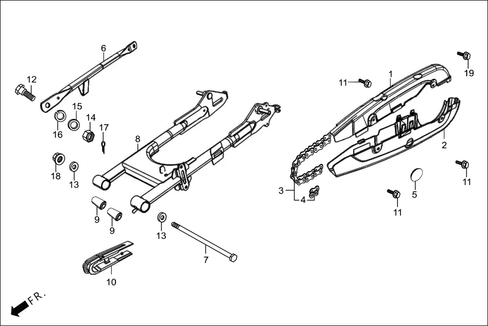 F-19 REAR FORK/CHAIN CASE assembly diagram for Hero Passion Pro(March,2023)