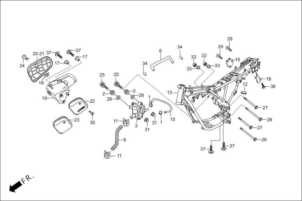 F-25-DRUM-KICK FRAME BODY / UTILITY BOX assembly diagram for Hero Passion Pro (Jan, 2014)