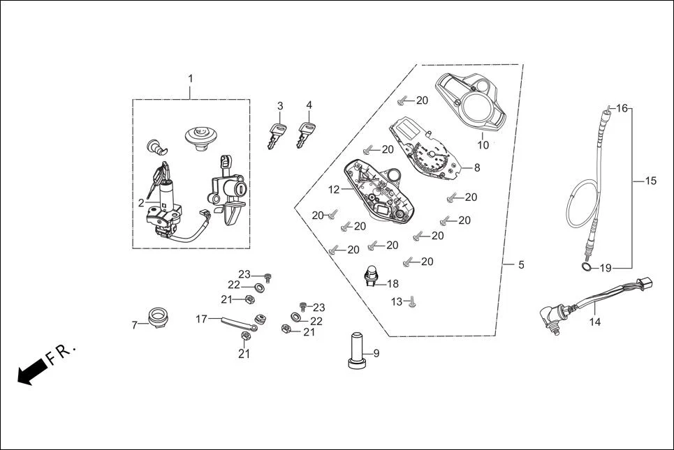 F-2V-DRUM SPEEDOMETER / CABLE / KEY SET assembly diagram for Hero Passion Pro (Jan, 2014)