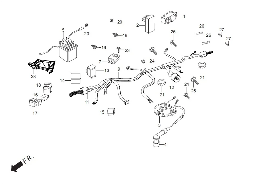 F-24-DRUM-KICK WIRE HARNESS/BATTERY assembly diagram for Hero Passion Pro (June, 2015)