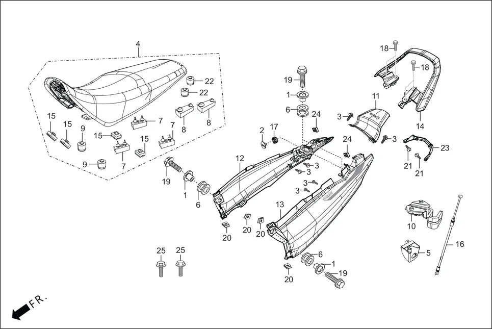 F-12 SEAT ASSY./REAR COWL/GRIP REAR assembly diagram for Hero Passion Pro BSVI (Jan, 2021)