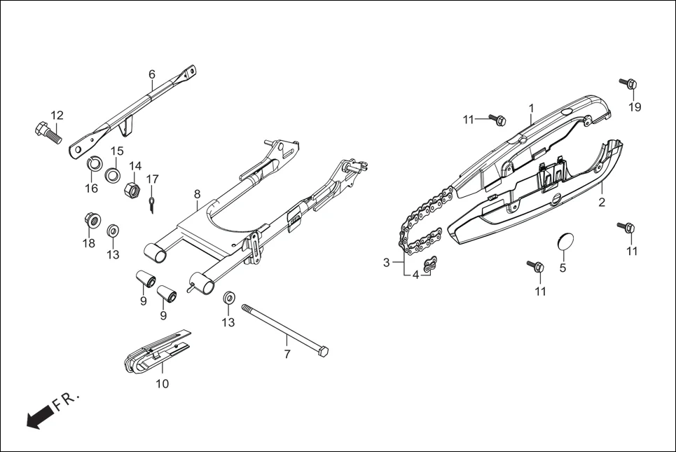 F-19 REAR FORK/CHAIN CASE assembly diagram for Hero Passion Pro BSVI (Oct, 2021)