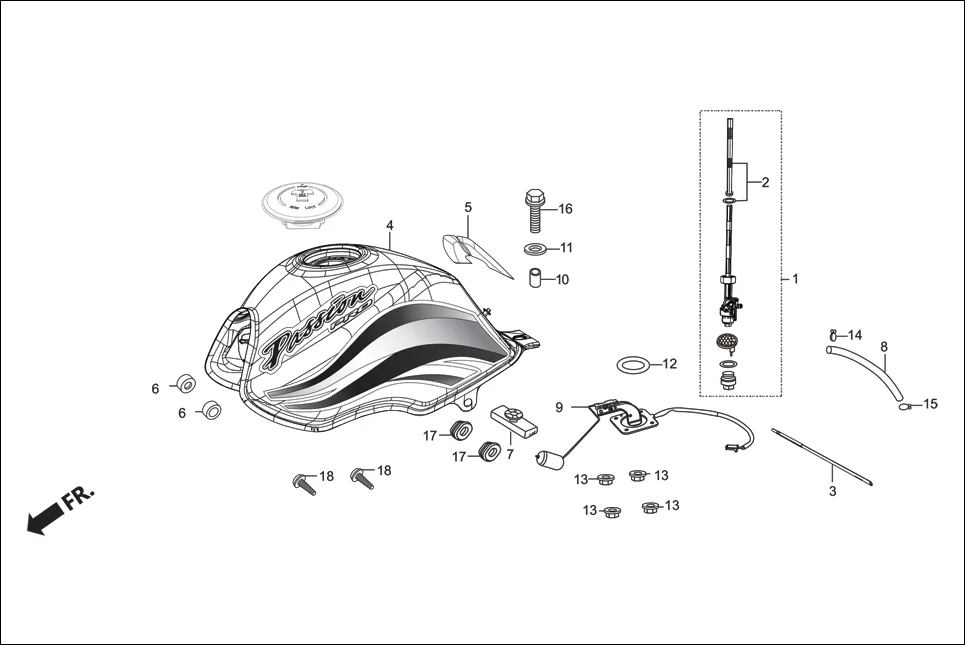 F-11 FUEL TANK assembly diagram for Hero Passion Pro (Jan, 2018)