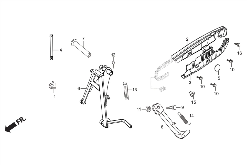 F-16 CHAIN CASE &amp; STAND assembly diagram for Hero Passion Pro (Jan, 2018)