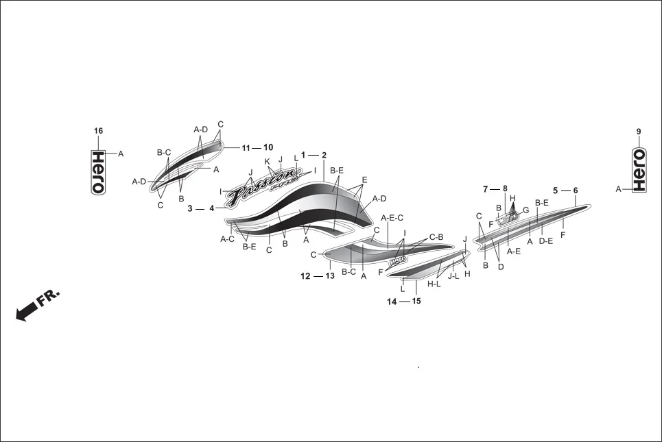 F-24 STRIPES/MARKS/EMBLEMS assembly diagram for Hero Passion Pro (Jan, 2018)