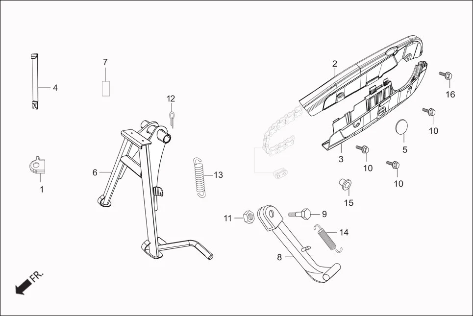 F-16 CHAIN CASE &amp; STAND assembly diagram for Hero Passion Pro iBS (Feb, 2019)
