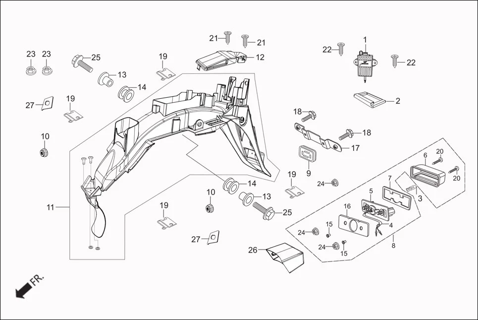F-18 REAR FENDER assembly diagram for Hero Passion Pro iBS (Feb, 2019)
