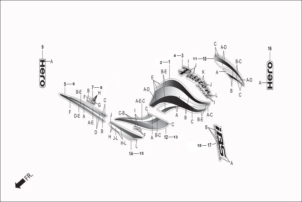 F-24 STRIPES/MARKS/EMBLEMS assembly diagram for Hero Passion Pro iBS (Feb, 2019)