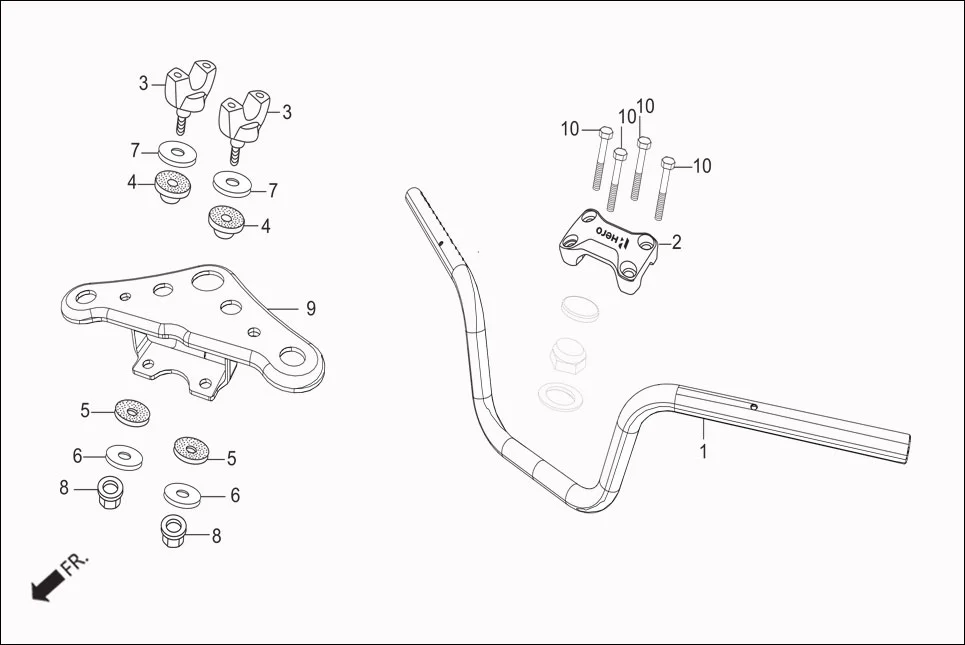 F-3D HNDL.&amp; HNDL.COVER (PIPE STRG. HANDLE/BRIDGE COMP. FORK TOP) assembly diagram for Hero Passion Pro iBS (Feb, 2019)