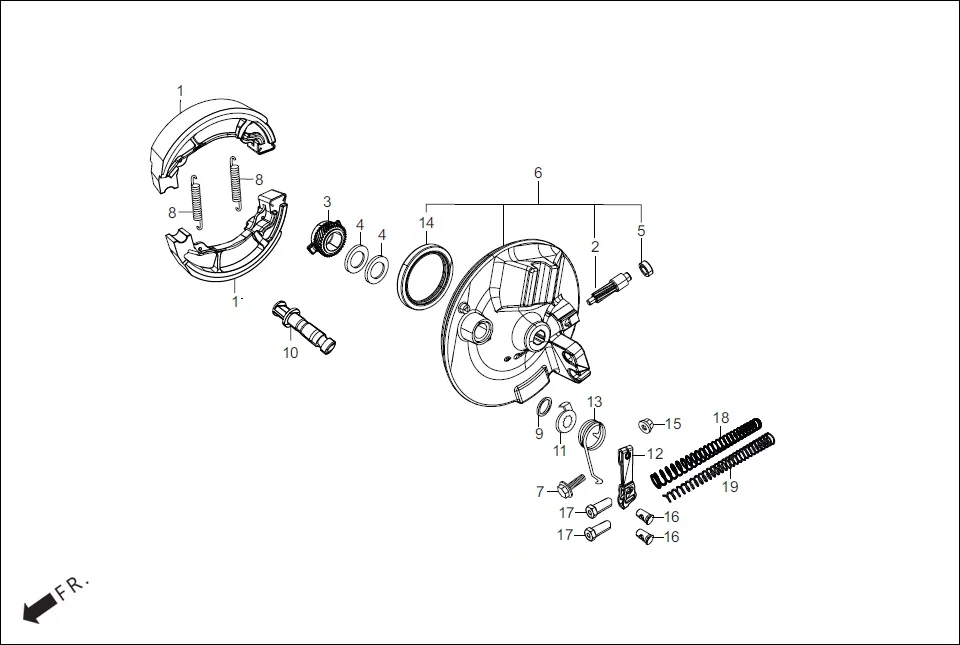 F-6 FR. BRAKE (BRAKE SHOE/PANEL ASSY.) assembly diagram for Hero Passion Pro iBS (Feb, 2019)